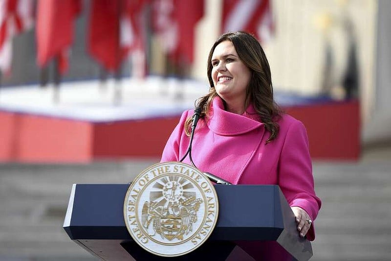 FILE - Arkansas Gov. Sarah Huckabee Sanders speaks after taking the oath of office, Jan. 10, 2023, in Little Rock, Ark. A prosecutor said Friday, June 7, 2024, he will not file any criminal charges over the purchase of a $19,000 lectern by the governor's office that attracted nationwide scrutiny. (AP Photo/Will Newton, File)